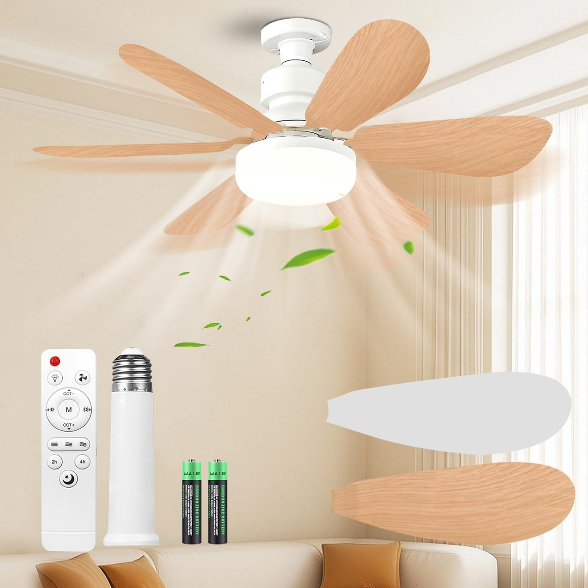 SEDOL E27 Screw-In Ceiling Fan with Light and Remote Control 30W Dimmable LED Small Flush Mount Fan 3-Speed Silent 20dB Air Circulator for Bedroom Bathroom and Kitchen