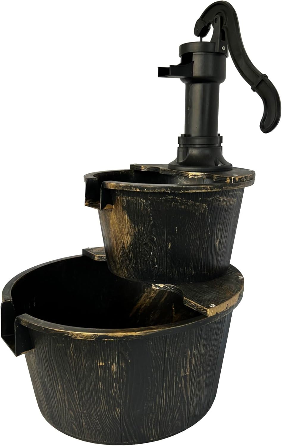 SEDOL 2-Tier Cascading Barrel Water Feature | Rustic Wood-Effect Garden Fountain with Bronze Pump | Self-Contained Mains Powered Outdoor Water Ornament for Patios and Balconies