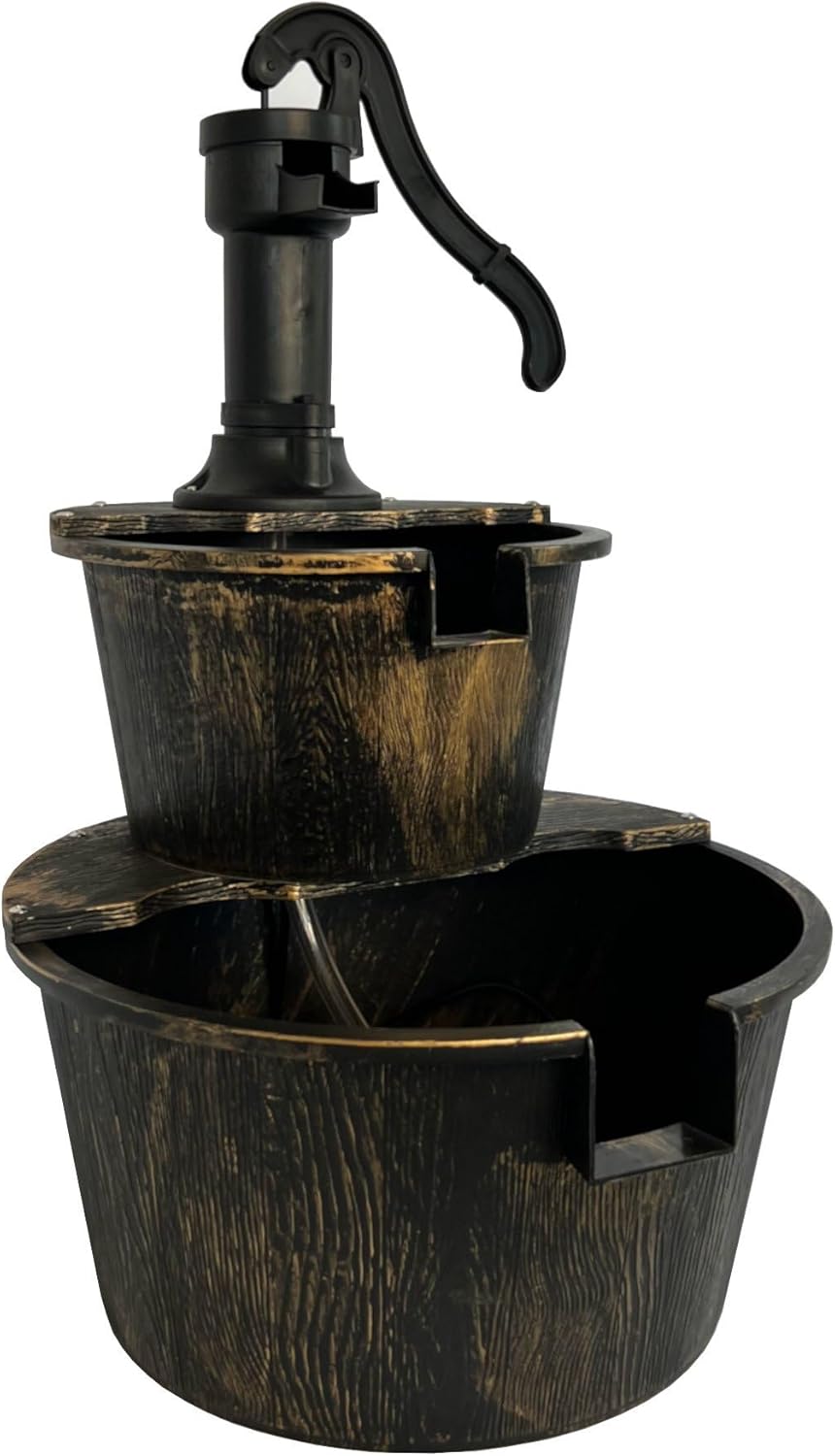 SEDOL 2-Tier Cascading Barrel Water Feature | Rustic Wood-Effect Garden Fountain with Bronze Pump | Self-Contained Mains Powered Outdoor Water Ornament for Patios and Balconies