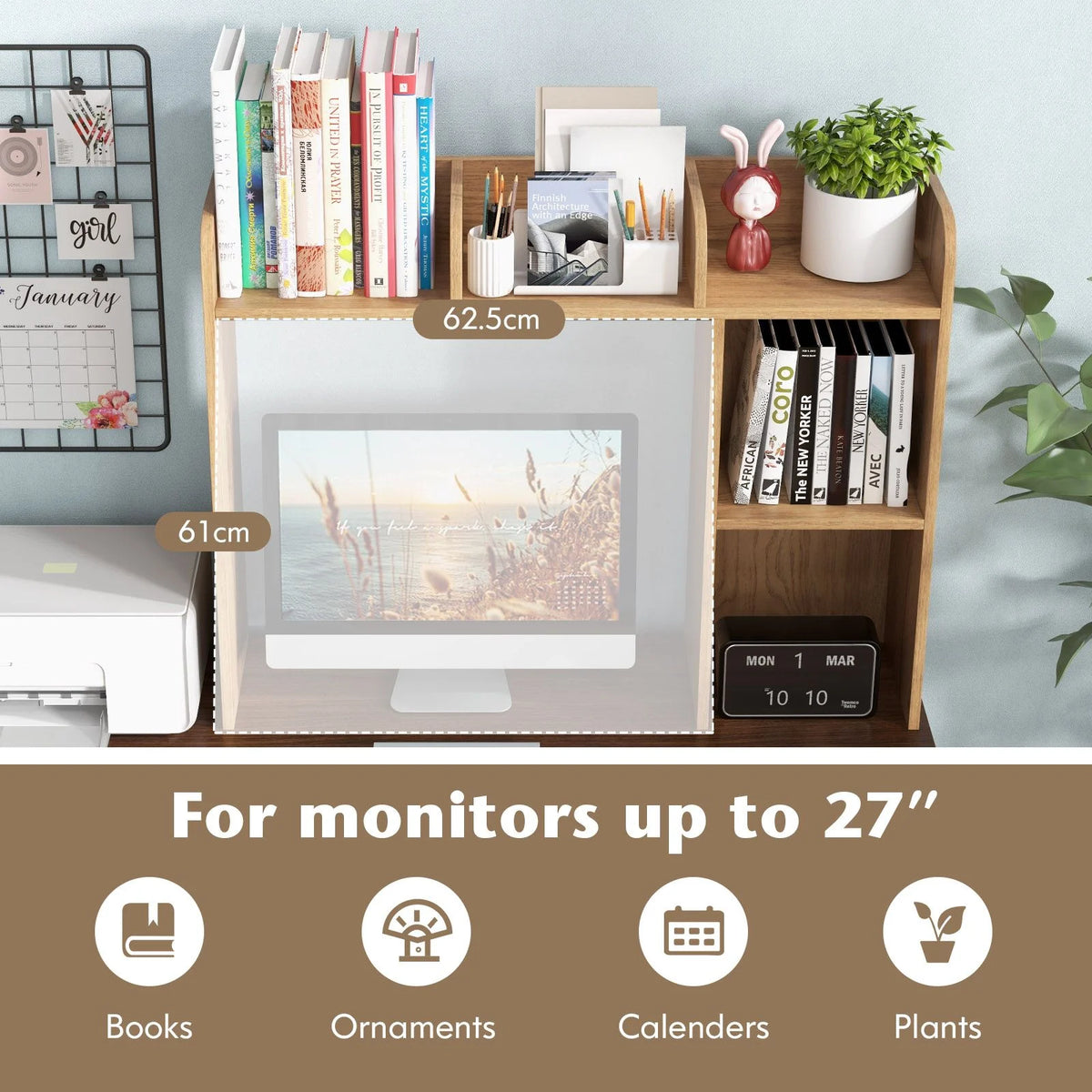 Wooden Desk Bookshelf with 4 Shelves and Open Back Compartment