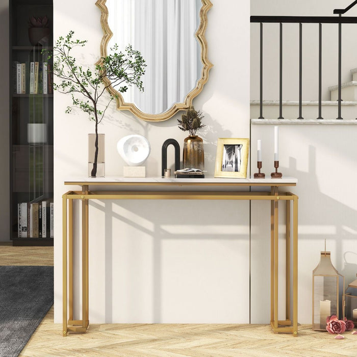 Gold Console Table – Faux Marble Top & Geometric Metal Frame