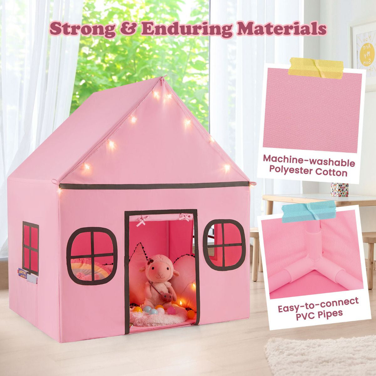 SEDOL Large Indoor Kids Playhouse with Plush Coral Velvet Mat and LED Star Lights Breathable Cotton-Blend Play Tent with Storage Pockets for Reading and Napping