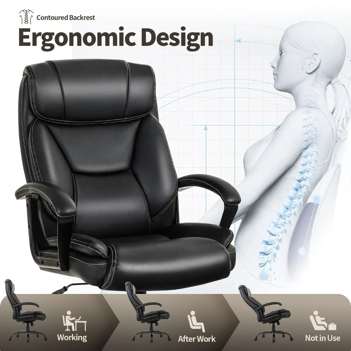 Executive Office Chair Height Adjustable Leather Computer Desk Chair with Rocking Backrest
