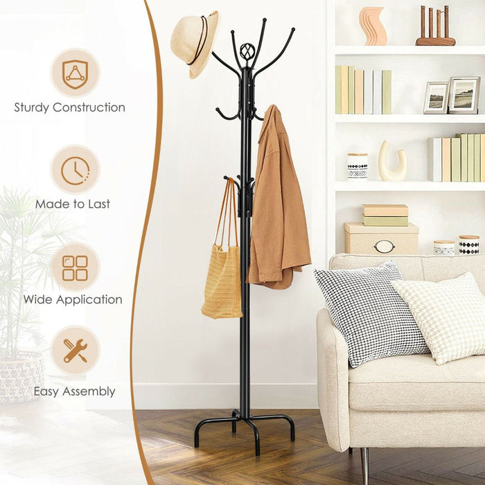 Modern Freestanding Metal Coat Stand with 12 Hooks