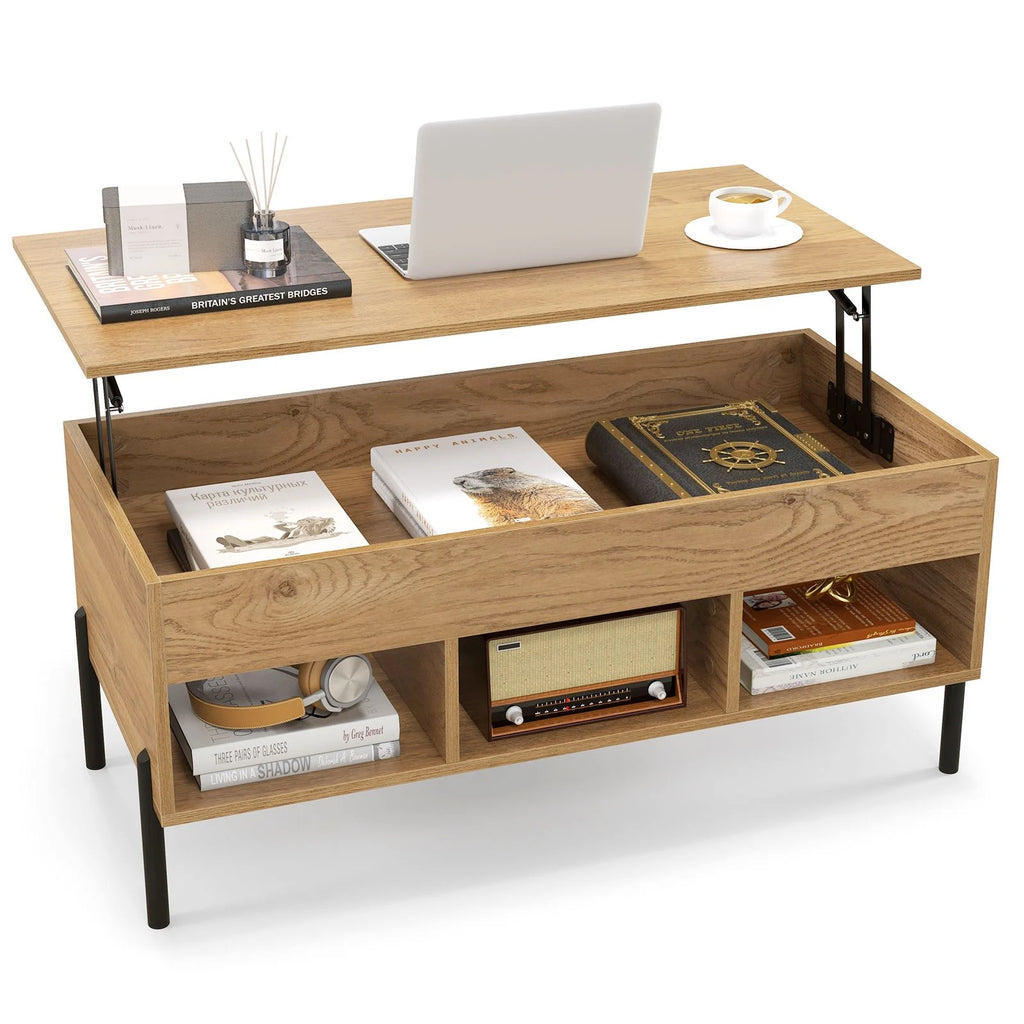 Lift Top Coffee Table with Large Hidden Compartment and 3 Open Cubbies