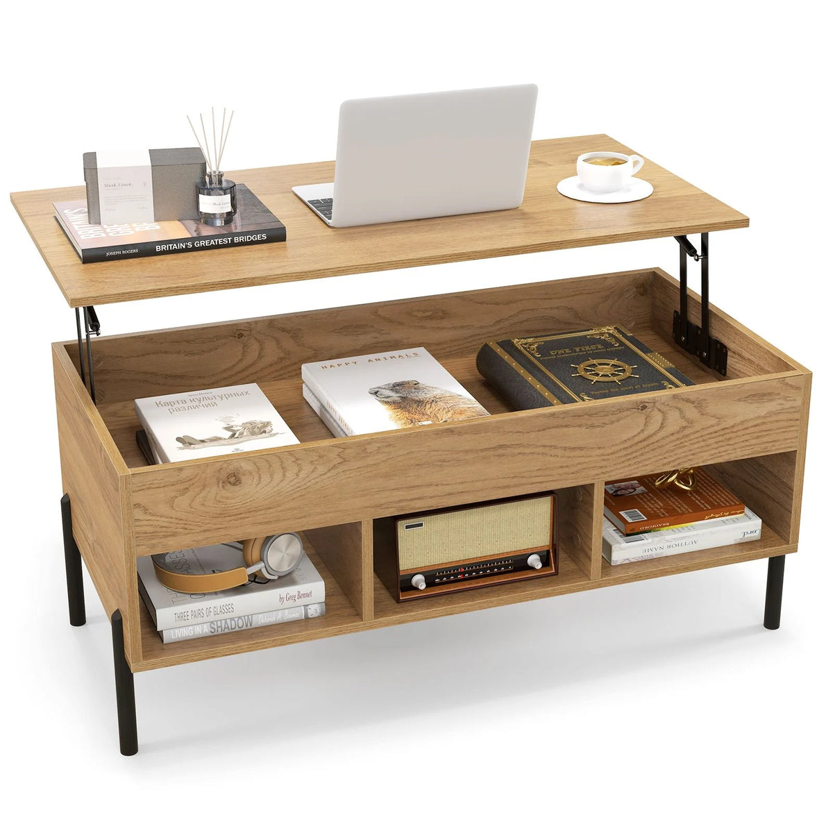 Lift Top Coffee Table with Large Hidden Compartment and 3 Open Cubbies