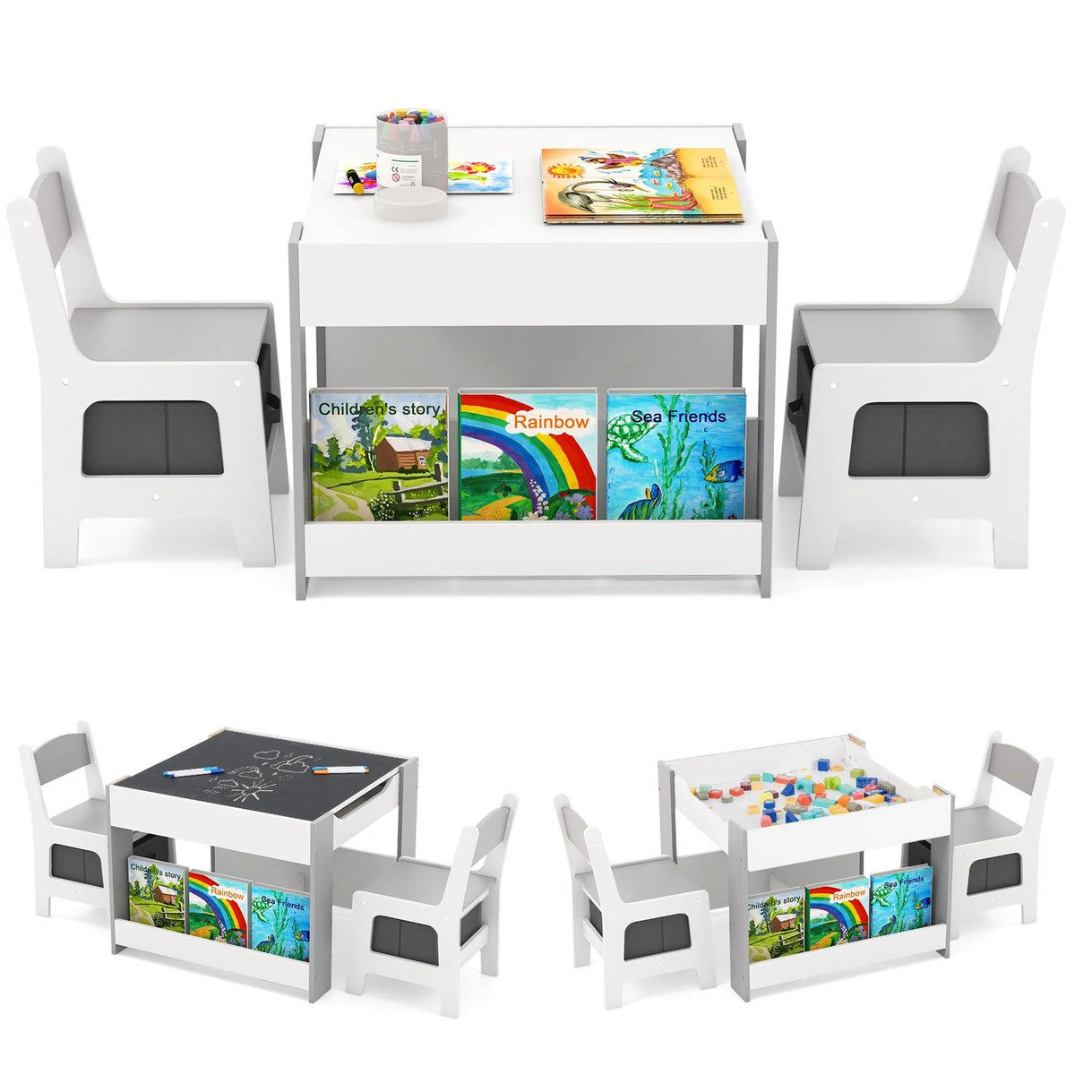 4 in 1 Kids Table and Chairs Set with Reversible Tabletop and Bookshelves