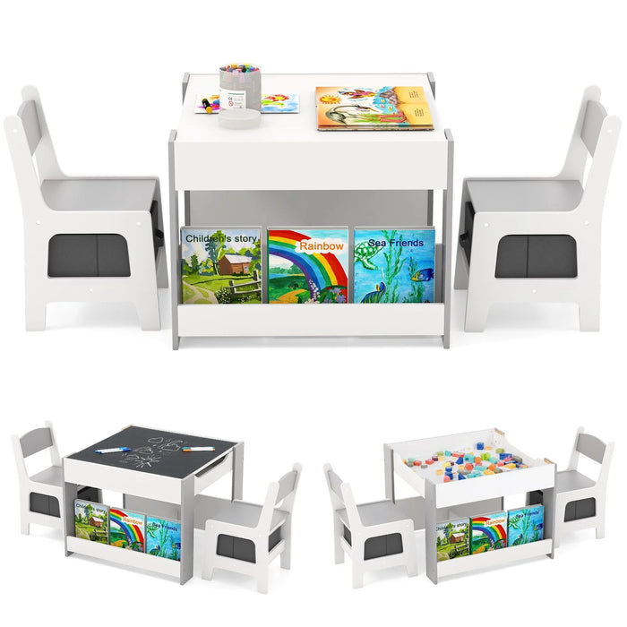 4 in 1 Kids Table and Chairs Set with Reversible Tabletop and Bookshelves