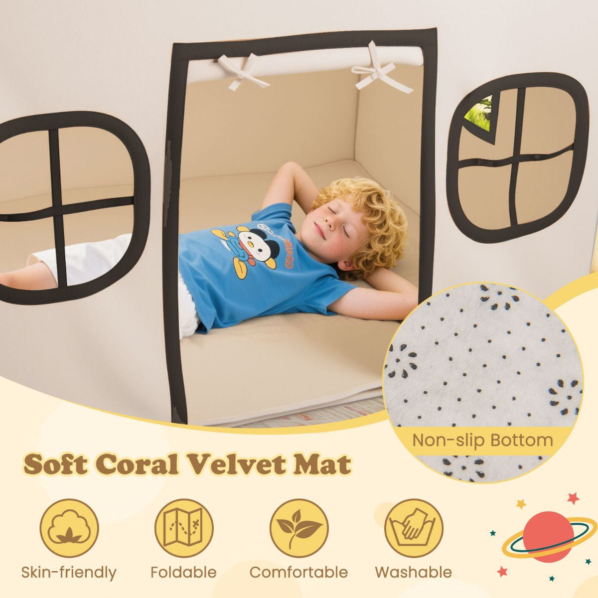 SEDOL Large Indoor Kids Playhouse with Plush Coral Velvet Mat and LED Star Lights Breathable Cotton-Blend Play Tent with Storage Pockets for Reading and Napping