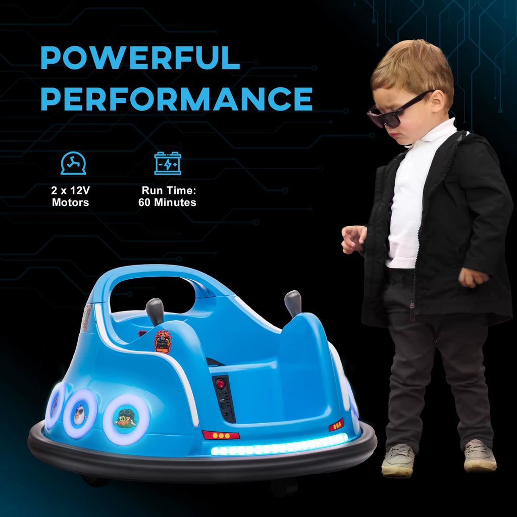 SEDOL Licensed Angry Birds 12V Kids Bumper Car with Dual Joysticks 360° Spin Waltz Car Parental Remote Control and Integrated USB Multimedia System