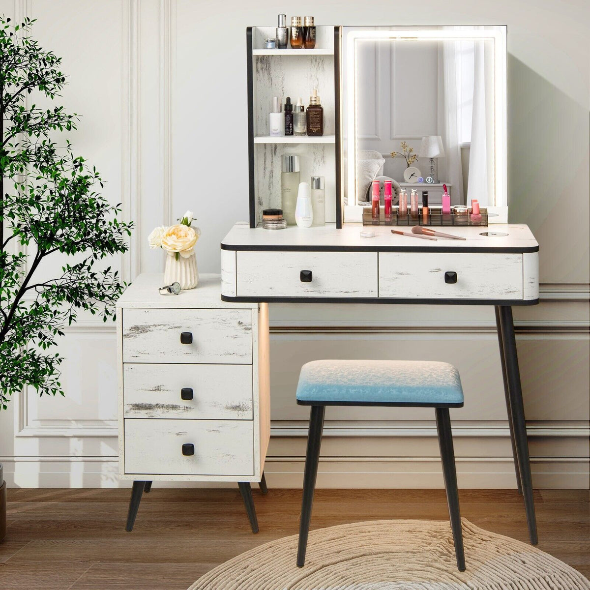 Vanity Table Set with 3-Color LED Lights Mirror and Charging Station