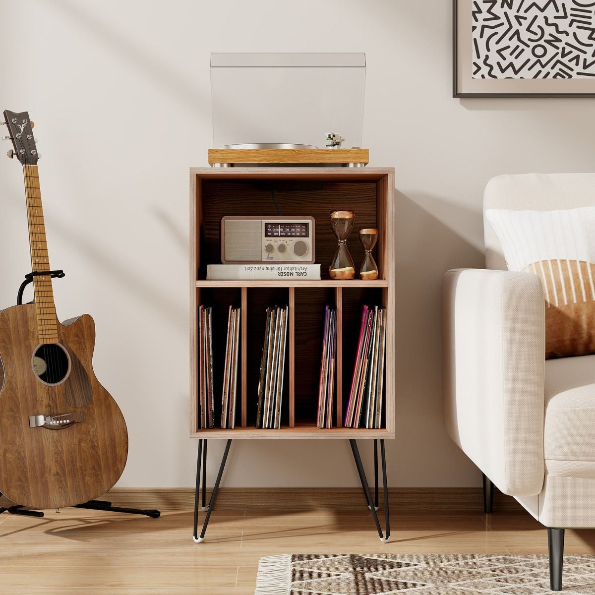 3-Tier Record Player Stand with Charging Station Shelf and 4 Dividers