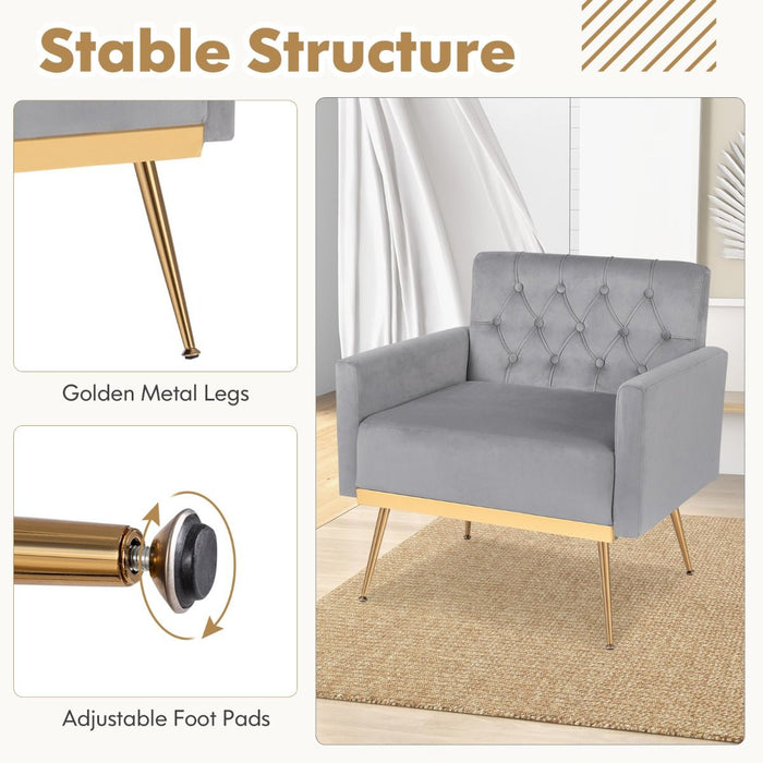 Modern Velvet Accent Chair with Button Tufted Back and Golden Metal Legs