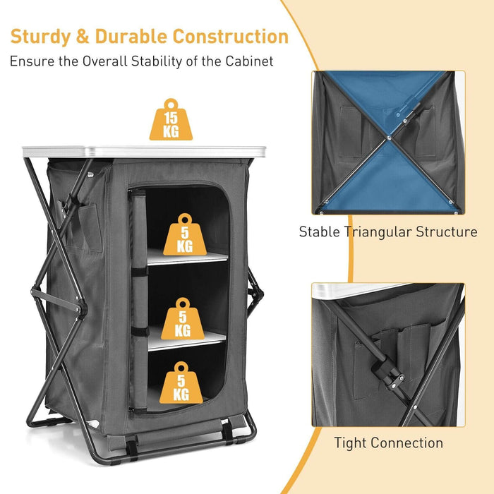 3-Tier Folding Camping Storage Cabinet with Side Pockets and Carry Bag
