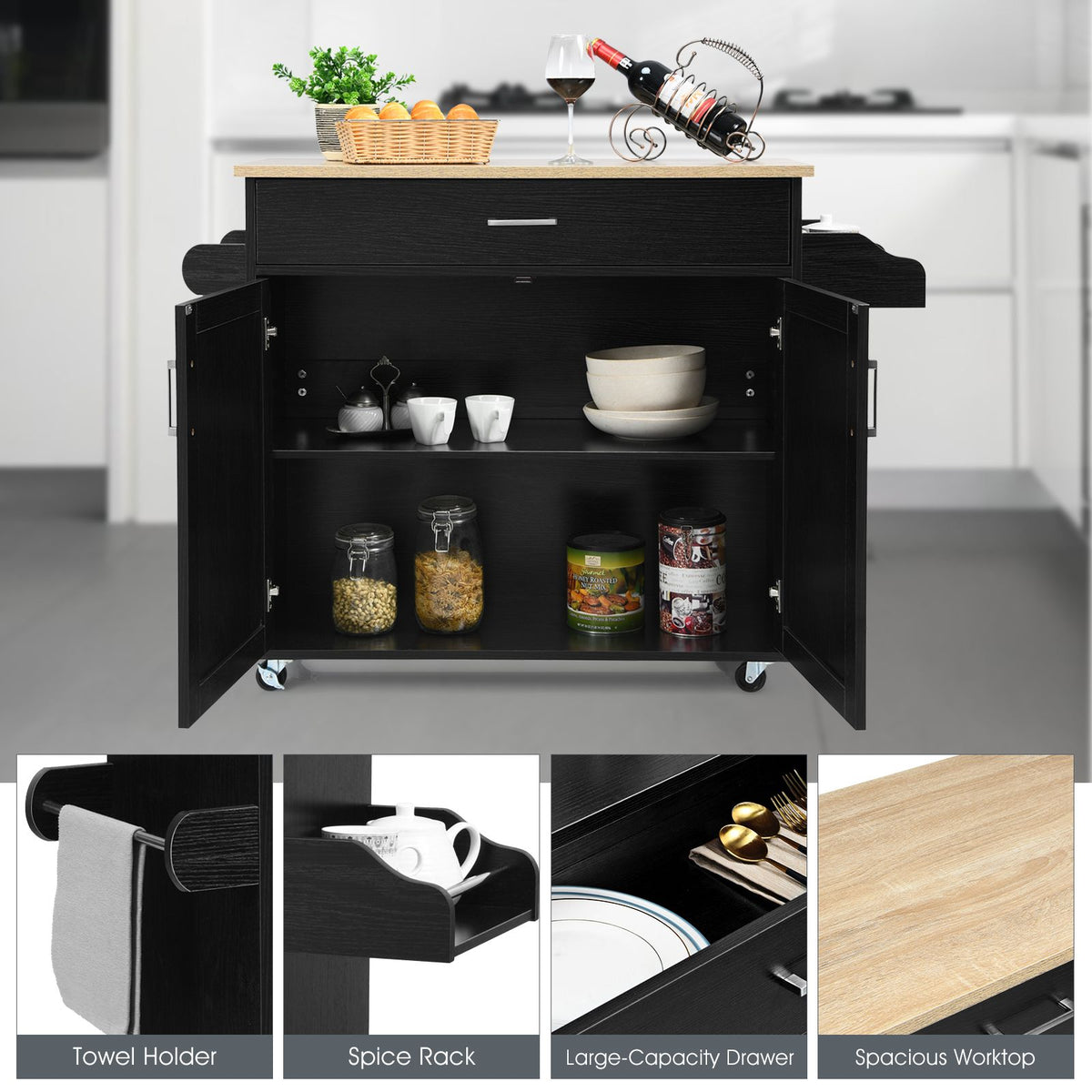 Rolling Kitchen Storage Trolley with Adjustable Shelf and Drawer