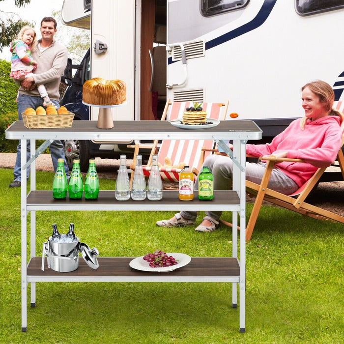 Aluminum Lightweight Folding Picnic Table with 2-Tier Shelves and Carrying Bag
