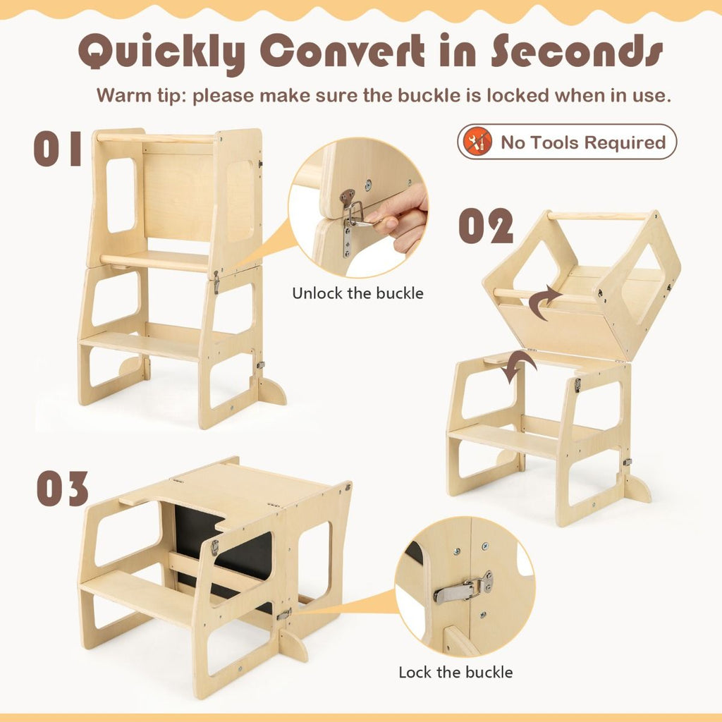 SEDOL 3-in-1 Montessori Convertible Learning Tower & Weaning Table with Integrated Chalkboard – Solid Wood Foldable Kitchen Helper Stool with A-Frame Stability – 60kg Capacity