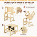 SEDOL 3-in-1 Montessori Convertible Learning Tower & Weaning Table with Integrated Chalkboard – Solid Wood Foldable Kitchen Helper Stool with A-Frame Stability – 60kg Capacity