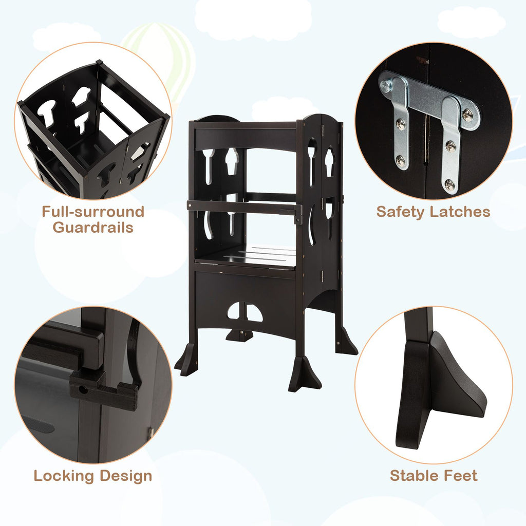 SEDOL Folding Montessori Learning Tower for Toddlers Space-Saving Height Adjustable Kitchen Helper Stool with Safety Latches and Full-Surround Guardrails