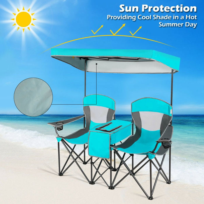 Double Folding Camping Chair with Canopy and Armrests