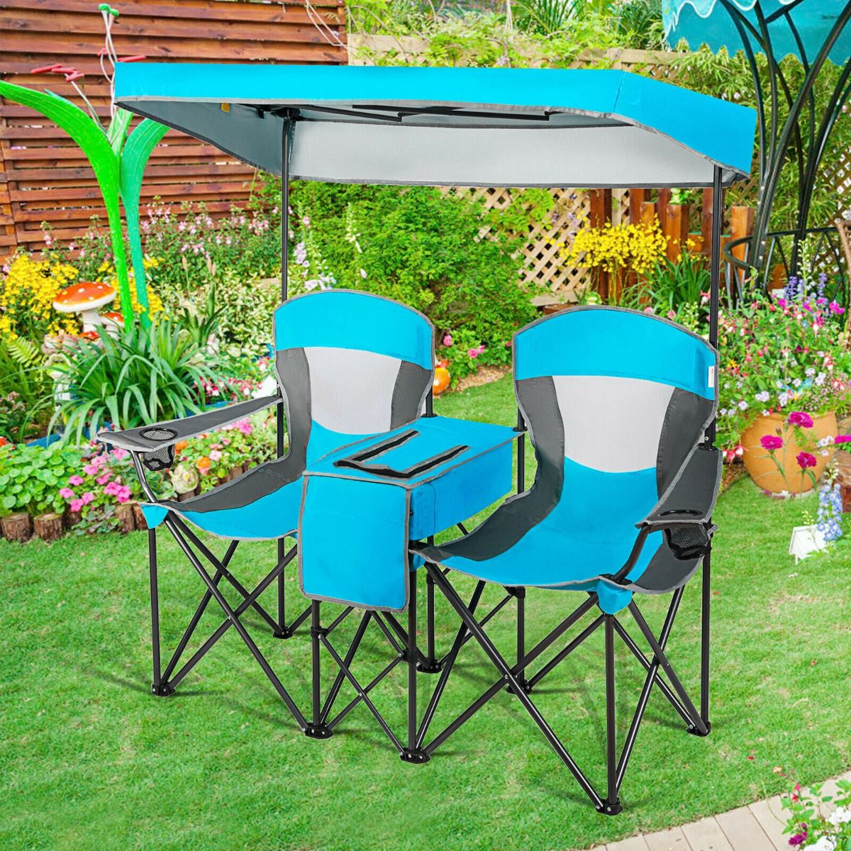 Double Folding Camping Chair with Canopy and Armrests