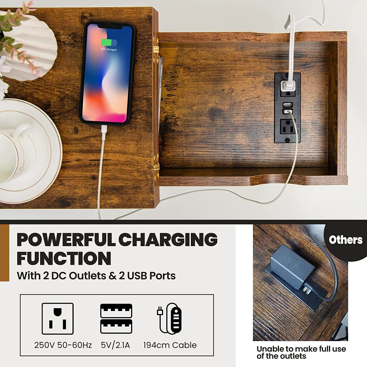 Industrial Slim Sofa Side Table with Charging Station and Flip Top