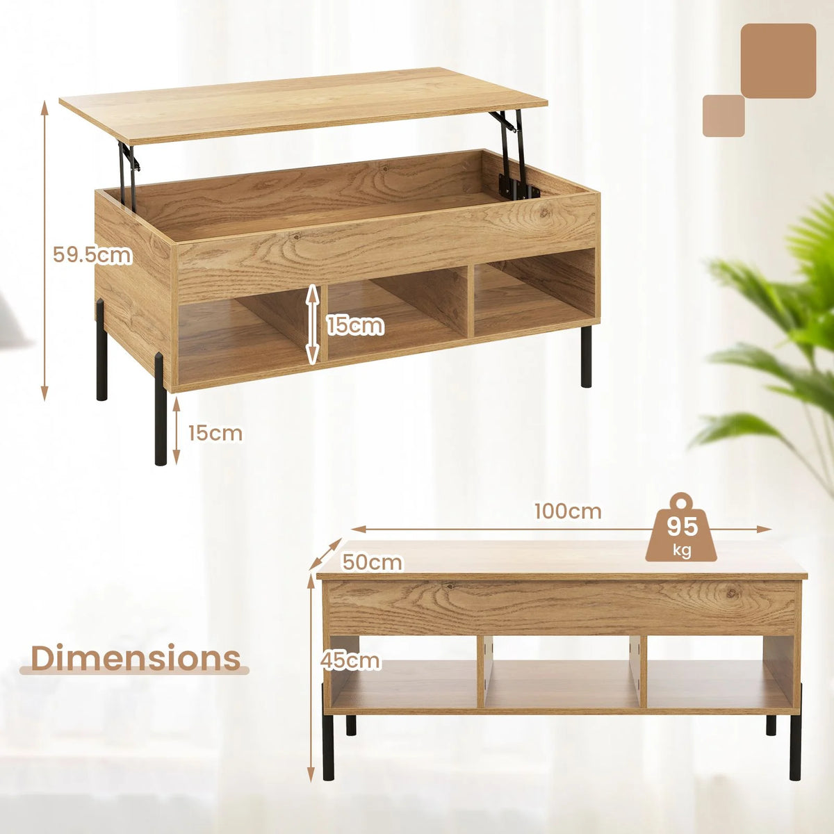 Lift Top Coffee Table with Large Hidden Compartment and 3 Open Cubbies