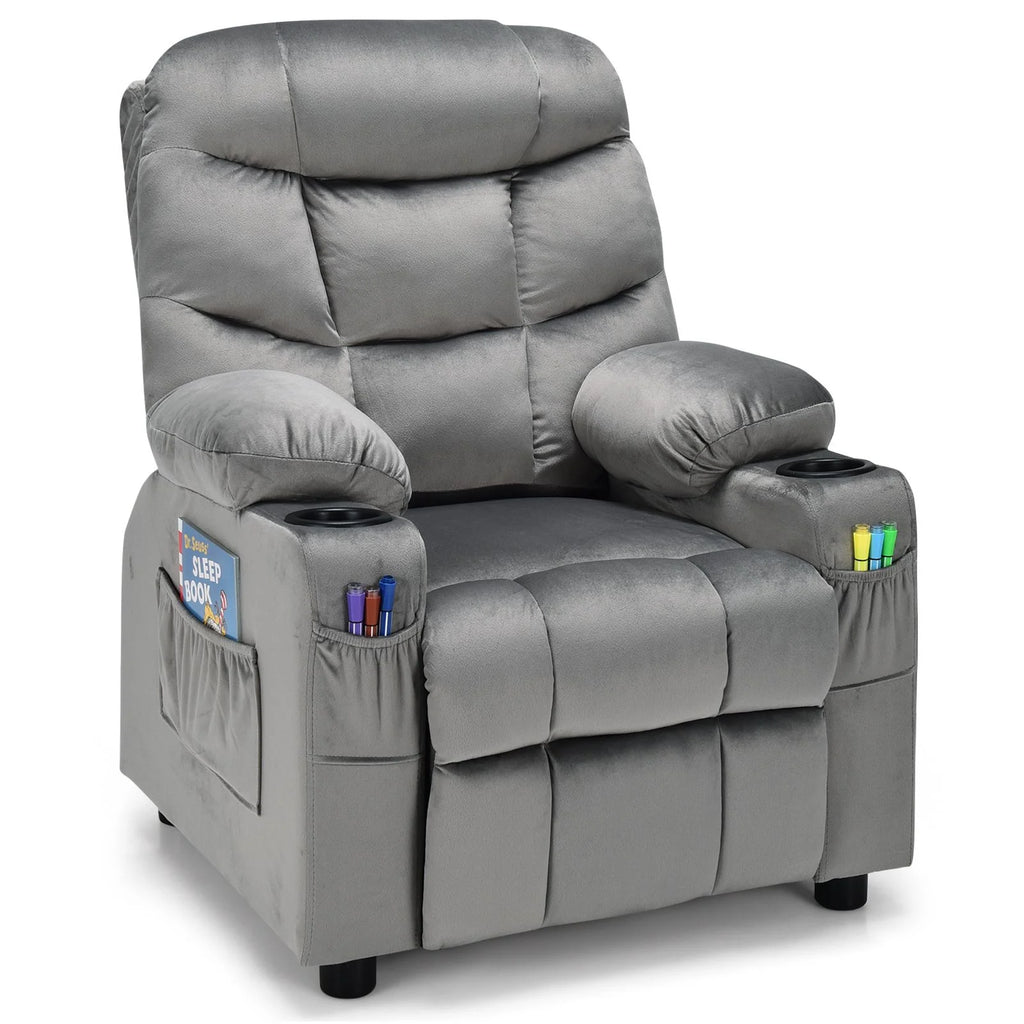 SEDOL Deluxe Larger Kids Recliner Armchair with Dual Cup Holders and Storage Pockets Premium Velvet Children’s Lounge Chair with 130° Adjustable Backrest & Pine Wood Frame