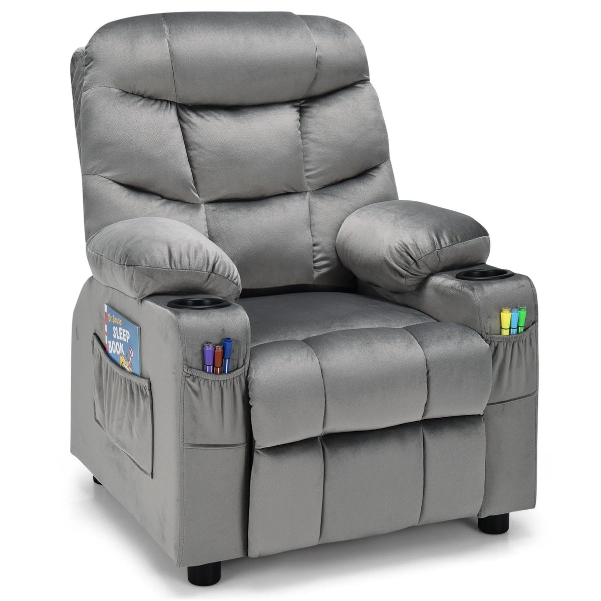 SEDOL Deluxe Larger Kids Recliner Armchair with Dual Cup Holders and Storage Pockets Premium Velvet Children’s Lounge Chair with 130° Adjustable Backrest & Pine Wood Frame