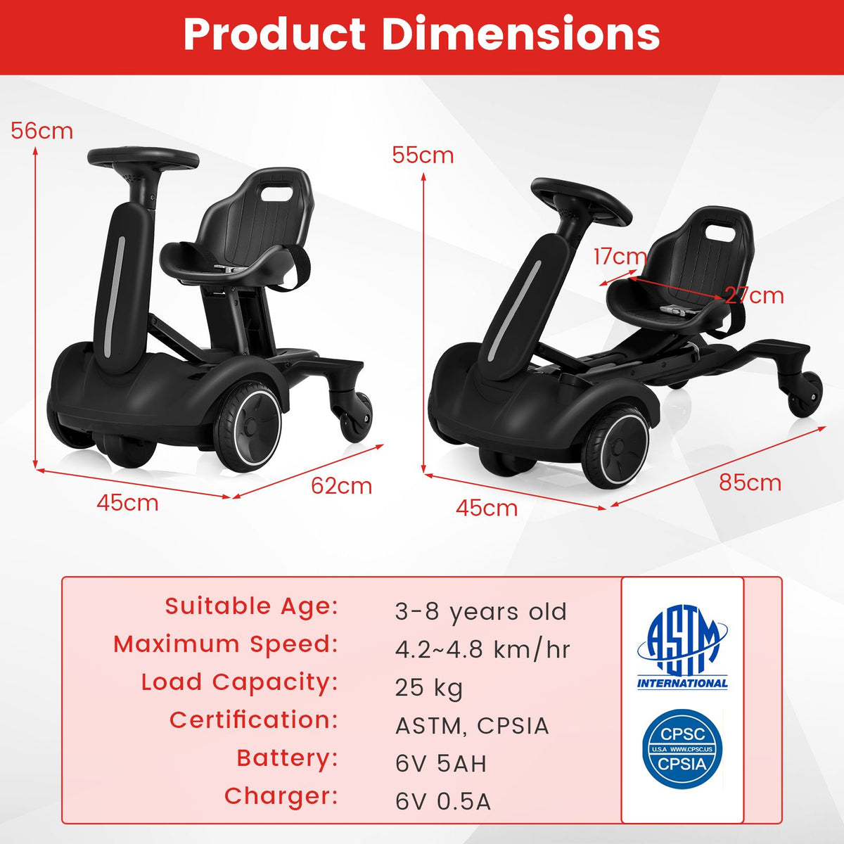 SEDOL 6V Kids Electric Ride-On Drift Car 360° Spin Power Slider with Adjustable Growing Seat Sound Effects and Safety Belt for Boys & Girls Aged 3–8 Years
