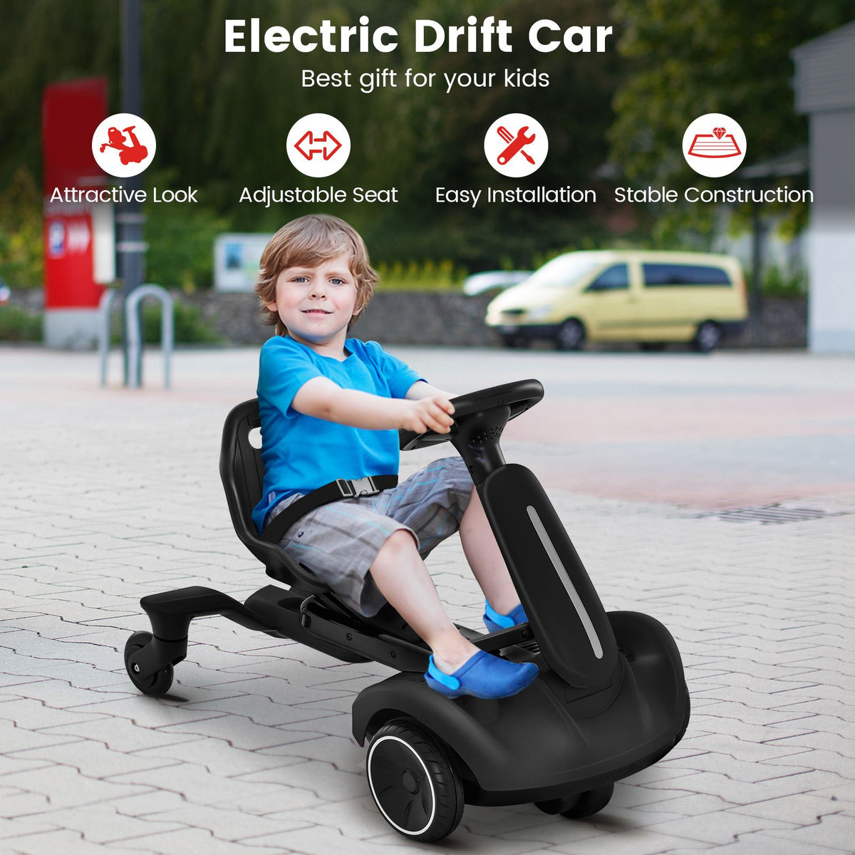 SEDOL 6V Kids Electric Ride-On Drift Car 360° Spin Power Slider with Adjustable Growing Seat Sound Effects and Safety Belt for Boys & Girls Aged 3–8 Years