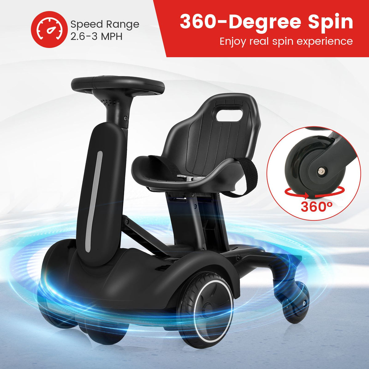SEDOL 6V Kids Electric Ride-On Drift Car 360° Spin Power Slider with Adjustable Growing Seat Sound Effects and Safety Belt for Boys & Girls Aged 3–8 Years