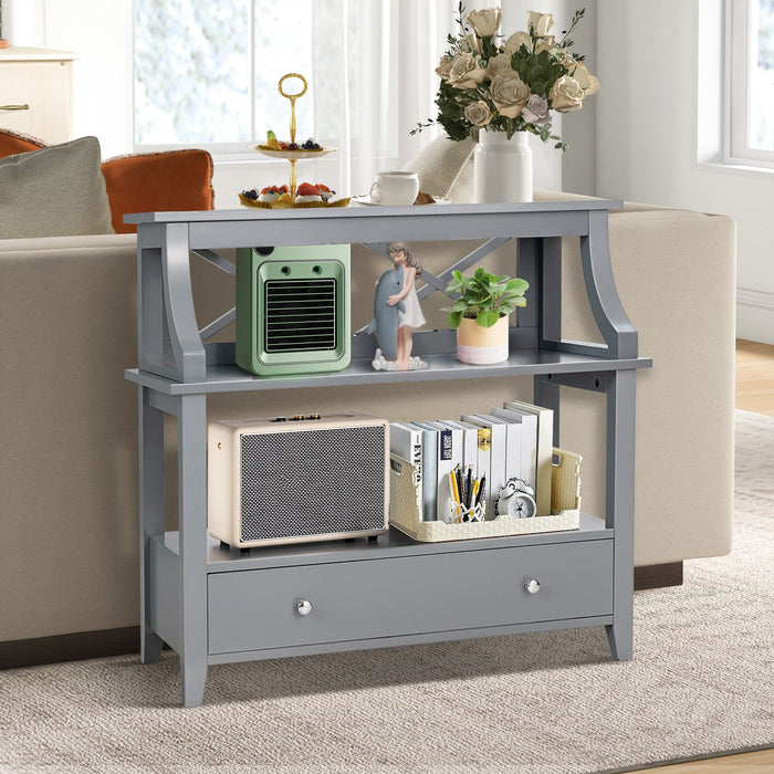 3-Tier X-Shaped Console Table with Drawer and Open Storage Shelves