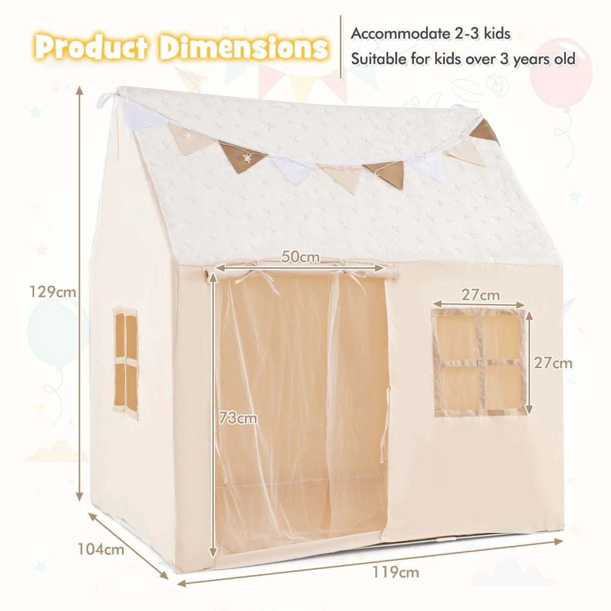SEDOL Kids Play Tent with Glow-in-the-Dark Stars & Padded Mat Beige Indoor Playhouse with Fairy Lights and Bunting for Toddlers Nursery and Sensory Corner