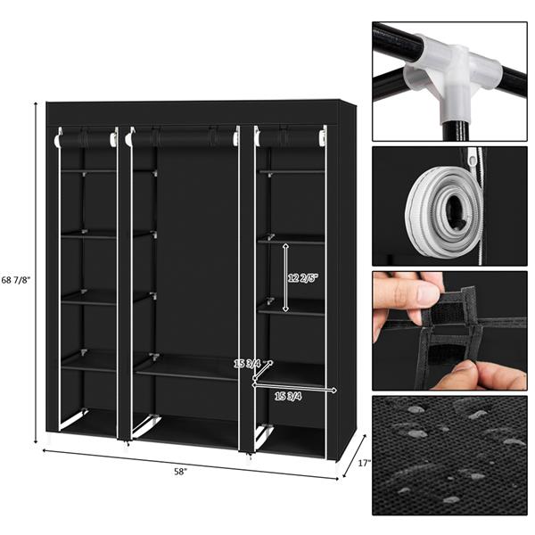69" Portable Clothes Wardrobe – Non-Woven Fabric Closet Organiser (Black)