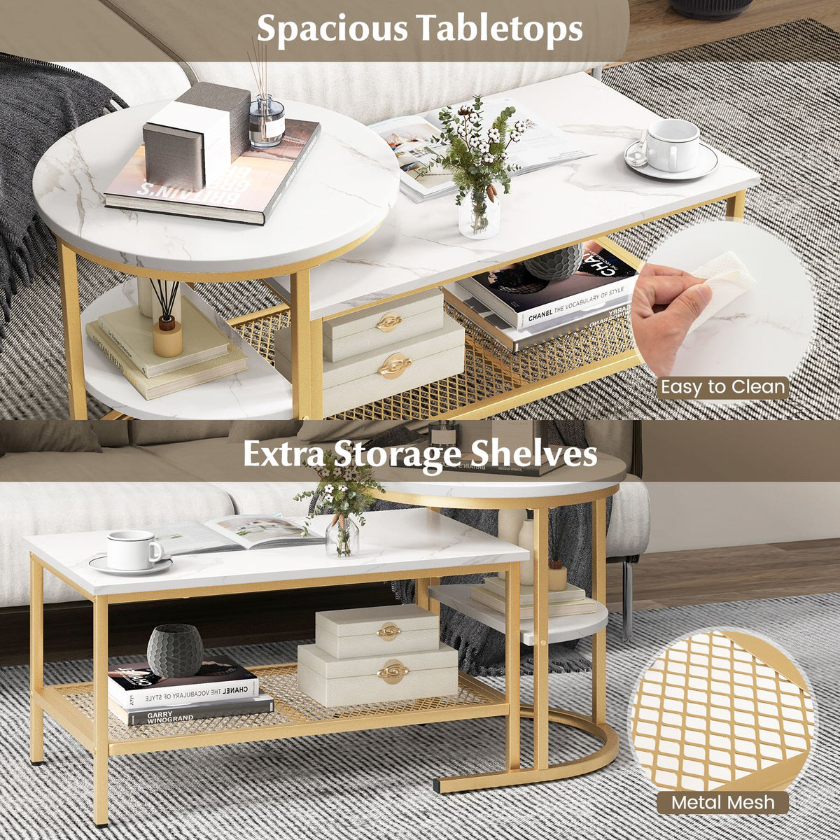 Set of 2 Nesting Coffee Table with Extra Storage Shelf