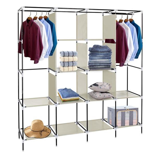 67" Portable Clothes Wardrobe – 12-Shelf Fabric Closet Organiser (Beige)