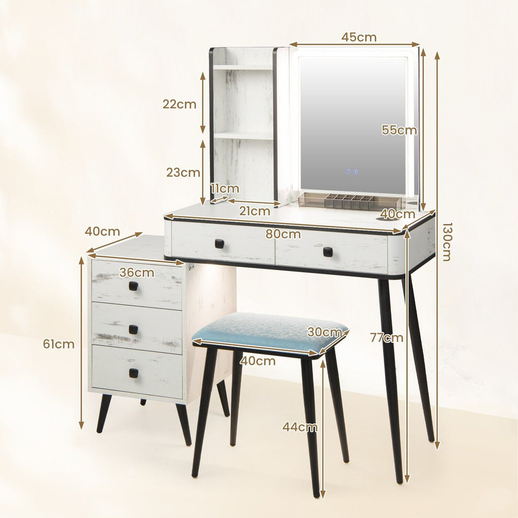 Vanity Table Set with 3-Color LED Lights Mirror and Charging Station