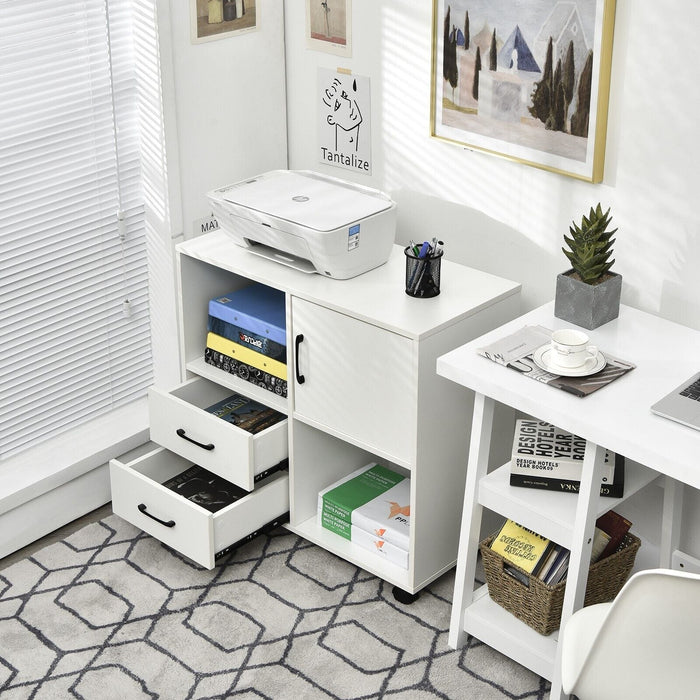 Home Office Mobile File Cabinet with 2 Drawers 2 Open Shelves and Door