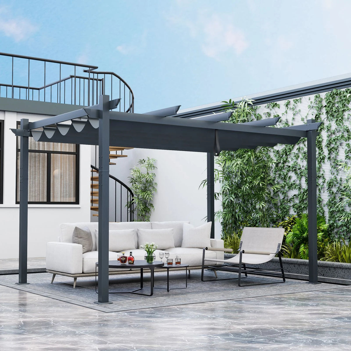 3x4m Outdoor Retractable Pergola with Adjustable Sun Shade Canopy