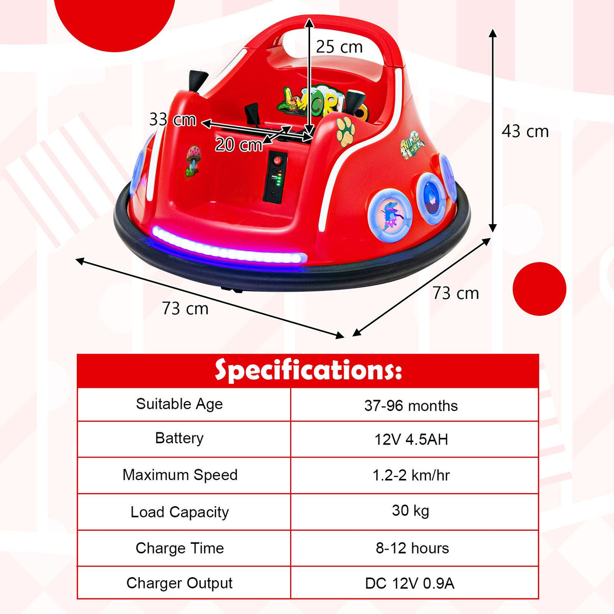 SEDOL 12V High-Performance Kids Bumper Car with 360° Rotation Parental Remote Control Wireless Bluetooth Audio and LED Light Show – 30kg Capacity