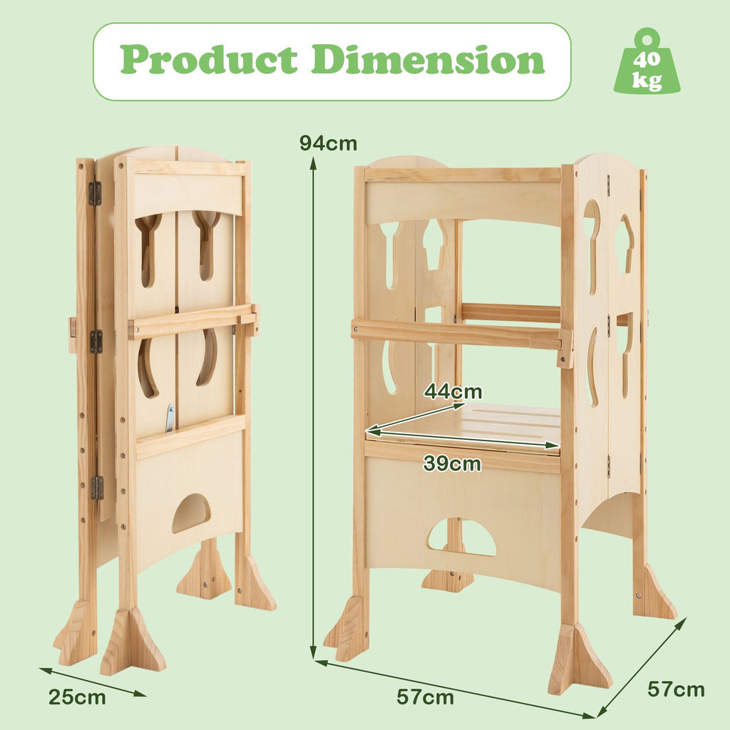 SEDOL Folding Montessori Learning Tower for Toddlers Space-Saving Height Adjustable Kitchen Helper Stool with Safety Latches and Full-Surround Guardrails