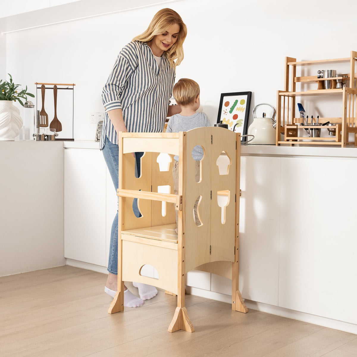 SEDOL Folding Montessori Learning Tower for Toddlers Space-Saving Height Adjustable Kitchen Helper Stool with Safety Latches and Full-Surround Guardrails
