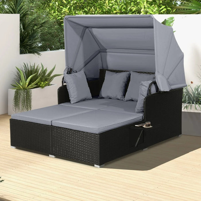 Rattan Daybed with Retractable Canopy, Cushions & Side Trays