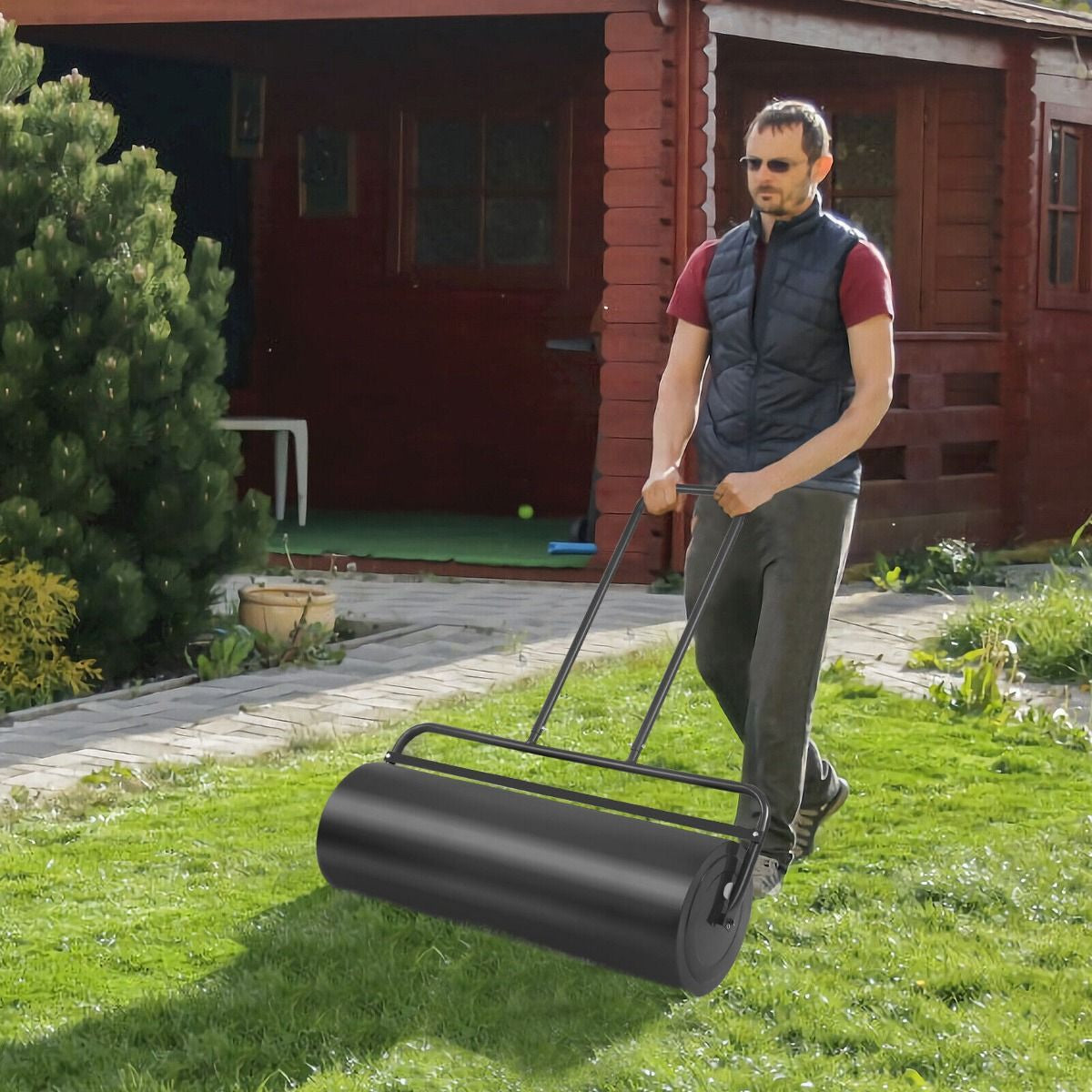 63 L Heavy-Duty Lawn Roller – Steel Garden Grass Roller with U‑Handle & Drain Plug