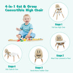 SEDOL 4-in-1 Mid-Century Modern Baby High Chair & Integrated Play Table Set with Solid Beech Legs 5-Point Safety Harness and Adjustable 4-Position Tray