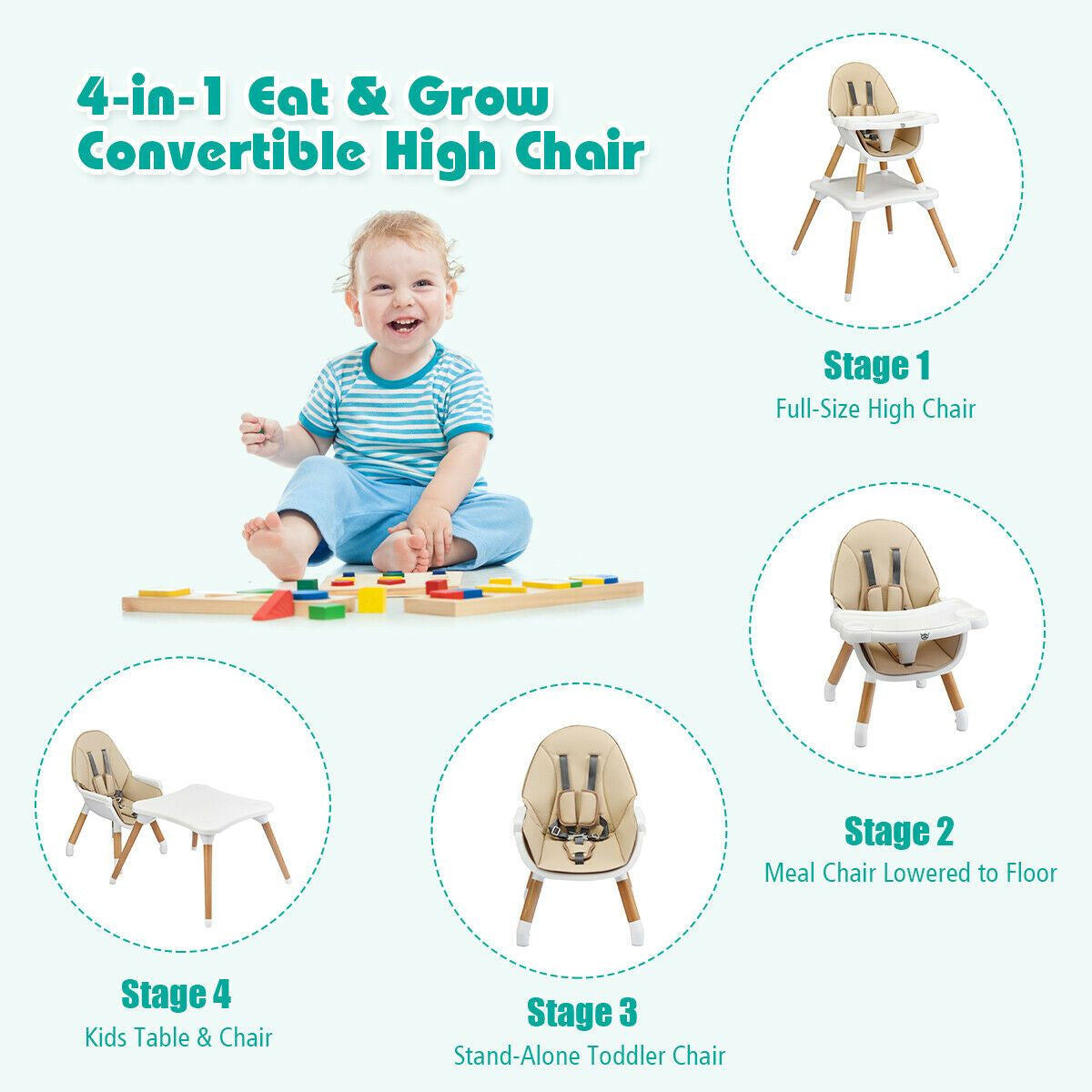 SEDOL 4-in-1 Mid-Century Modern Baby High Chair & Integrated Play Table Set with Solid Beech Legs 5-Point Safety Harness and Adjustable 4-Position Tray