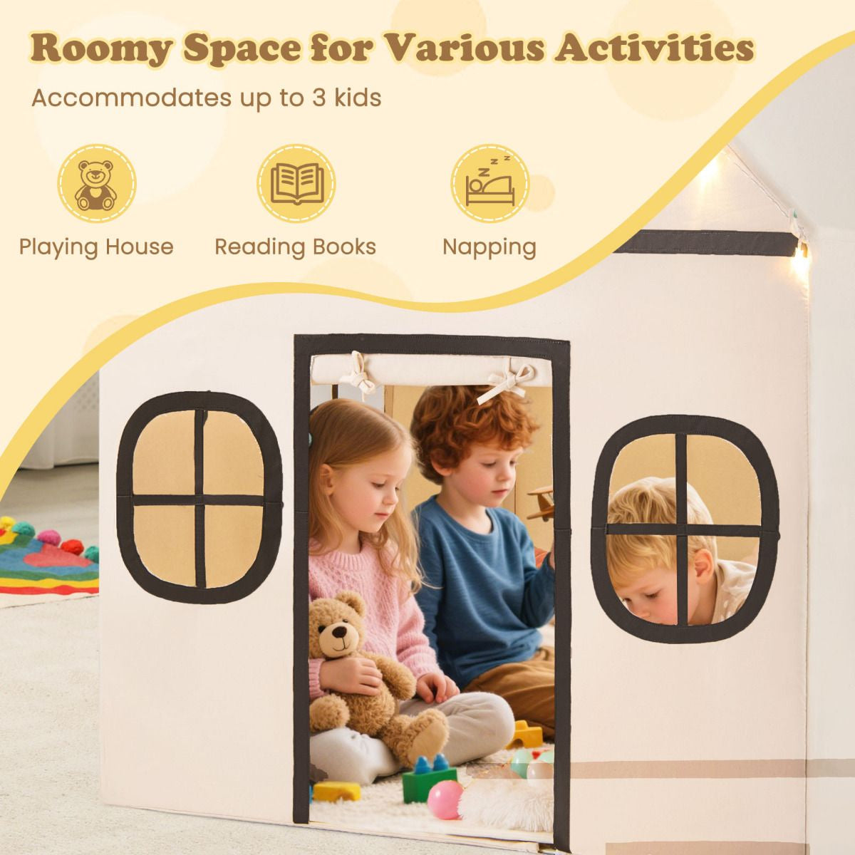 SEDOL Large Indoor Kids Playhouse with Plush Coral Velvet Mat and LED Star Lights Breathable Cotton-Blend Play Tent with Storage Pockets for Reading and Napping