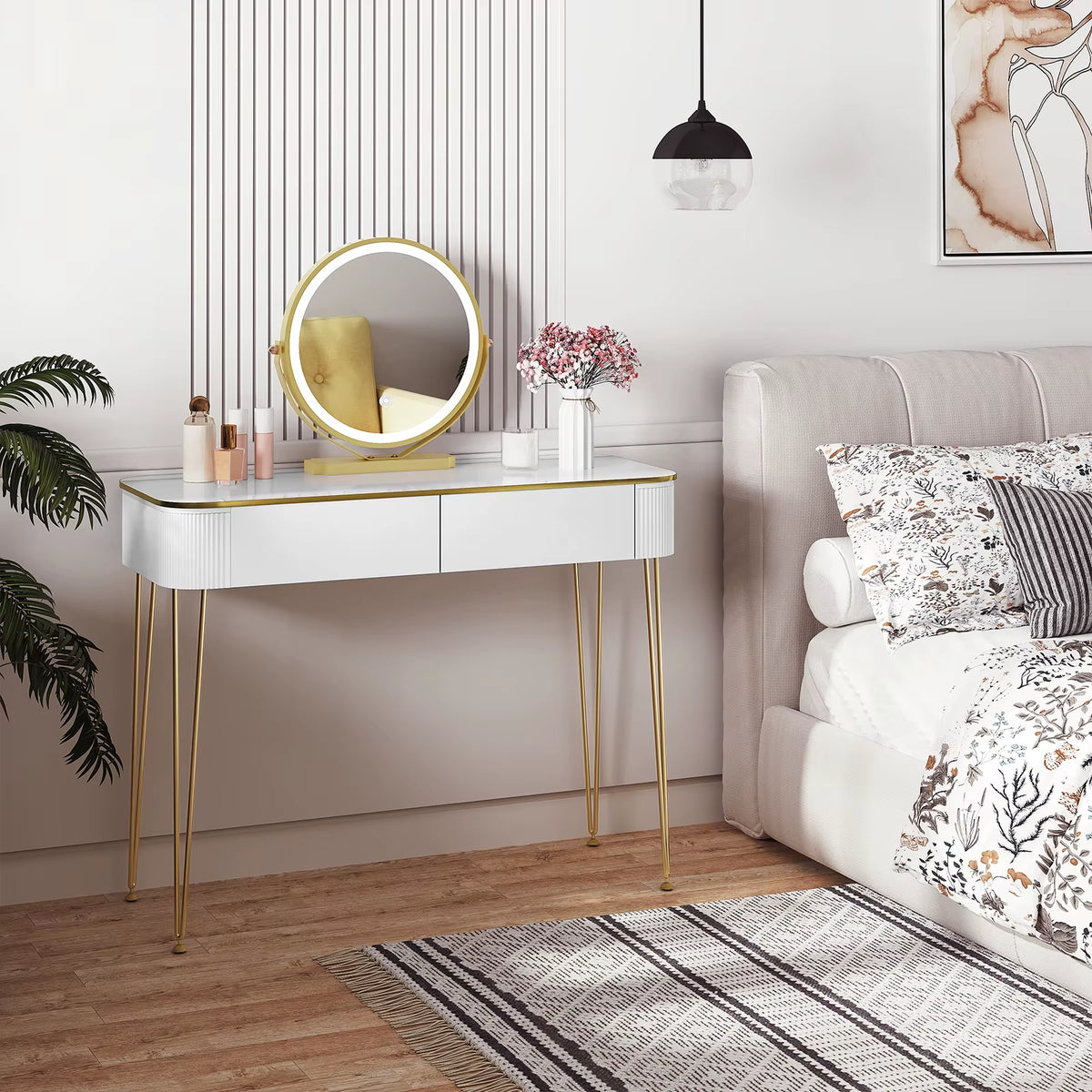 SEDOL White Dressing Table with Gold Metal Legs and LED Lighted Mirror Modern Vanity Desk with 2 Solid Wood Drawers Makeup Table for Elegant Bedroom Decor