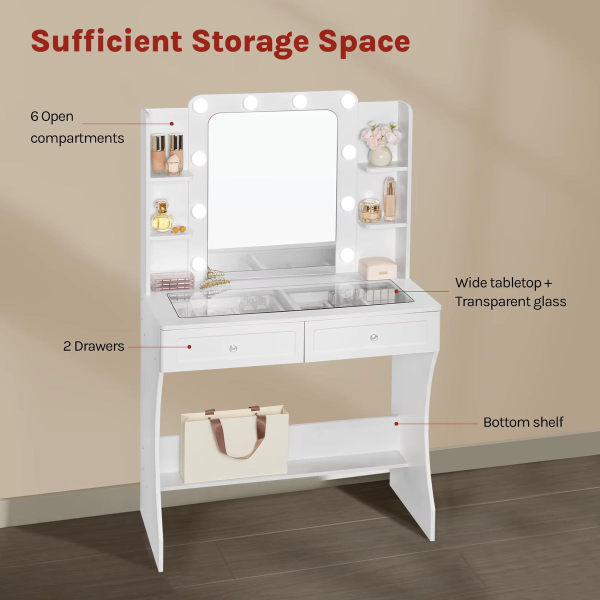 SEDOL Makeup Vanity with LED Lighted Mirror and Visual Glass Tabletop Modern Dressing Table with 2 Drawers and Removable Cube Storage Organizer White Bedroom Vanity